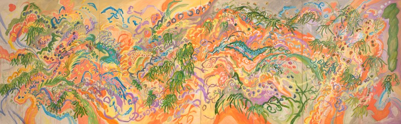 이한나, 우리는 서로에게 난 혹을 잡고 올라가요, 2021, cibatool and acrylic on canvas, 162.2×521.2cm